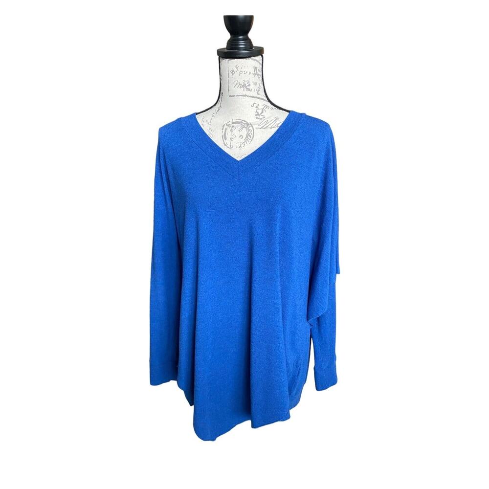 Soft Surroundings Petite Blue Madison Asymmetrical Hem Cape Knit Sweater Top PXL